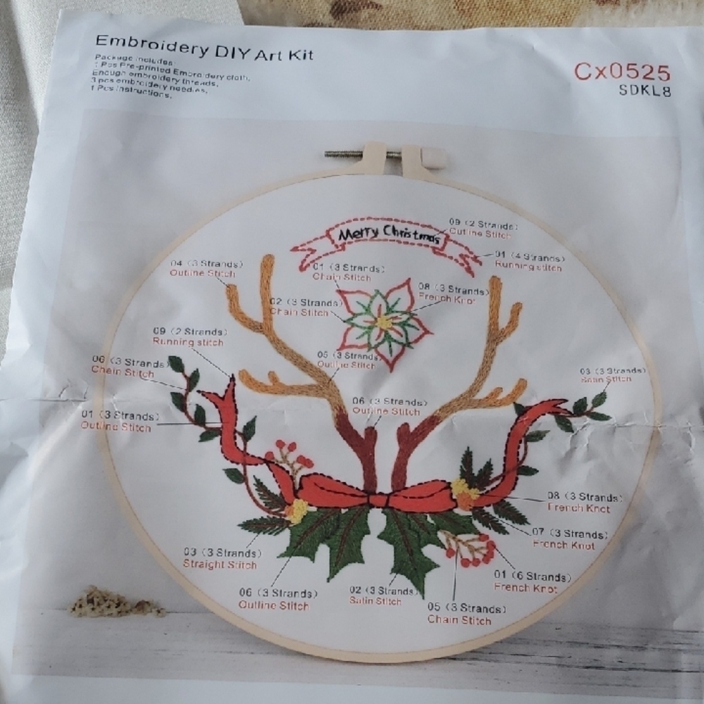 Merry Christmas Embroidery Kit with Red and Green Threads